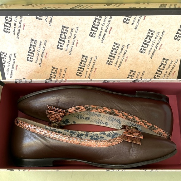 Brown/gold Gucc leather flats with box - Picture 3 of 12